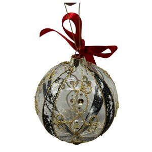 Handcrafted Glass Christmas Ornament Gold Glitter Black Accents Red Ribbon READ